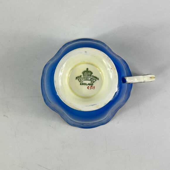 Aynsley England Bone China Teacup Saucer Set C511 Blue Floral Embossed Gold Trim - Picture 7 of 15